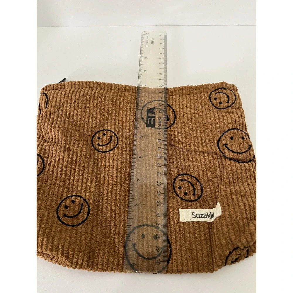 Sozakka Brown Corduroy Smiley Face Makeup Bag Cosmetic Pouch - A193